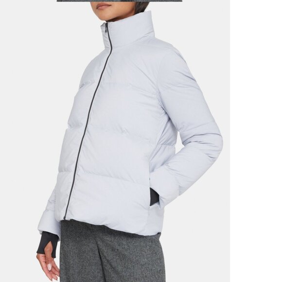 NWT THEORY Stand-Collar Puffer Coat in City Poly In Color Silver - Picture 3 of 9